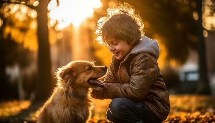 cute-child-and-dog-playing-in-autumn-forest-generated-by-ai-free-photo